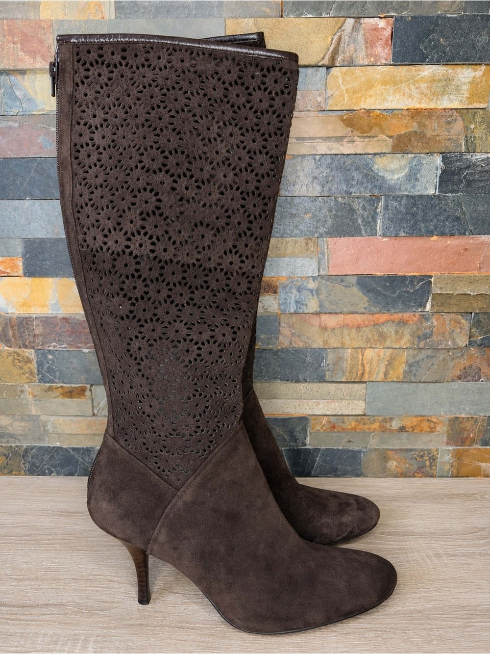 Oscar by Oscar De La Renta Knee-High Suede Boots with Laser-Cut Detail - Brown